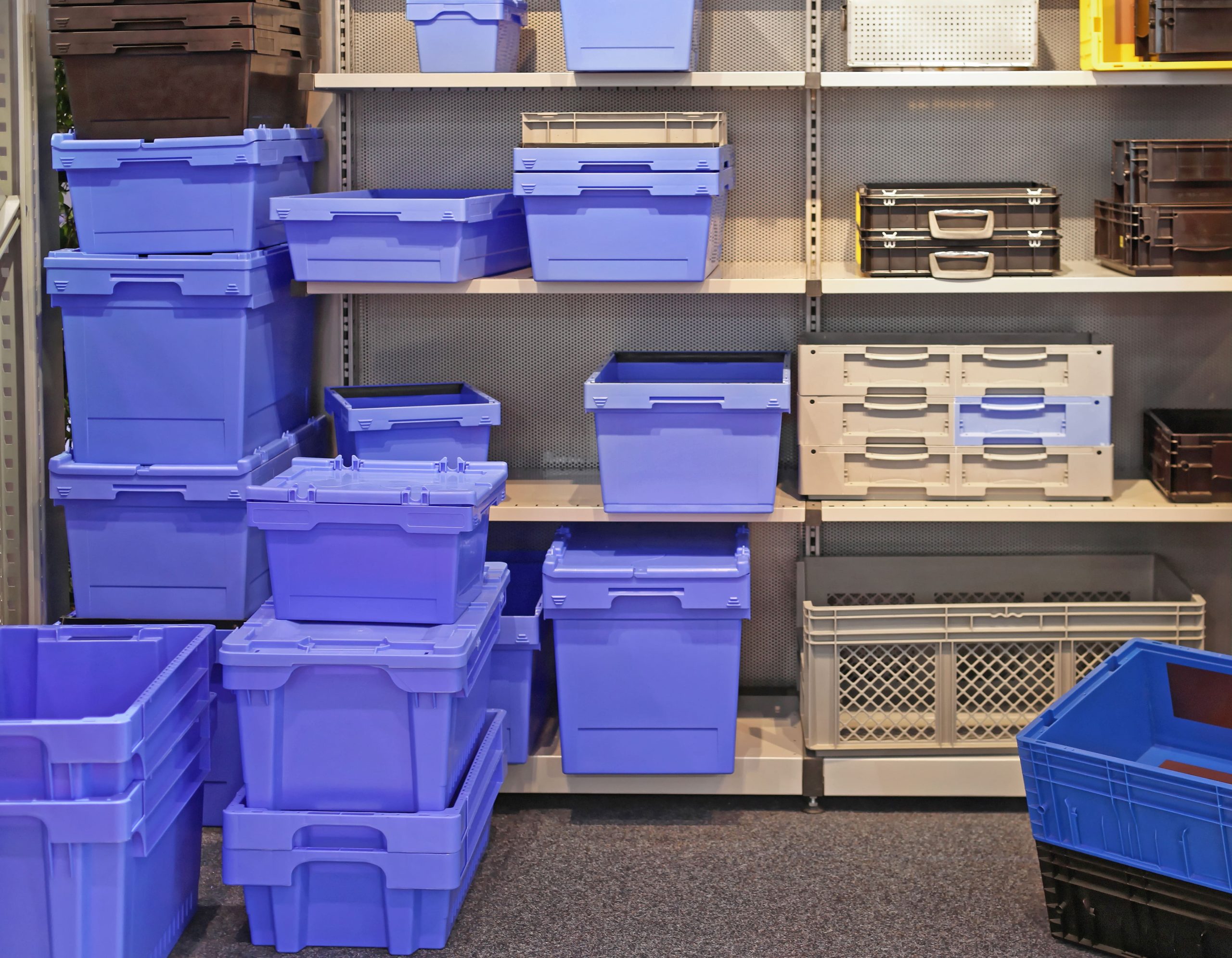 Plastic Storage boxes in stock room